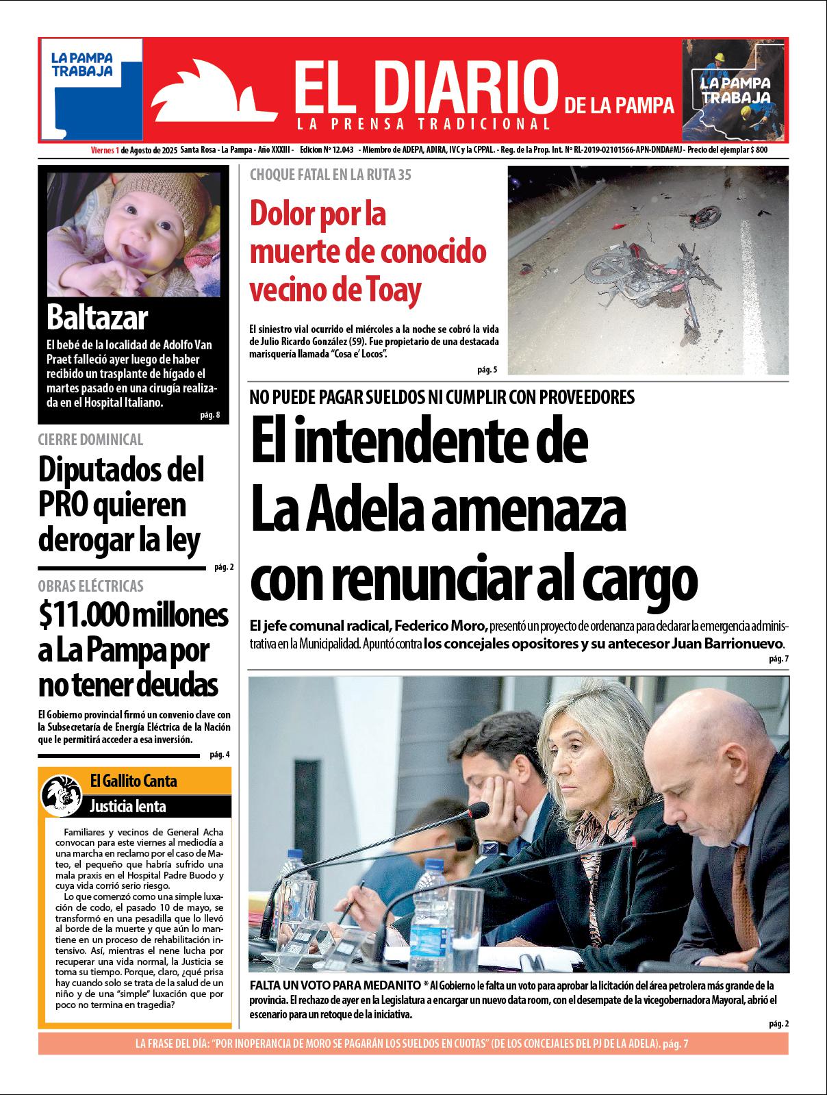 Tapa de El Diario en papel  viernes 01 de agosto de 2025